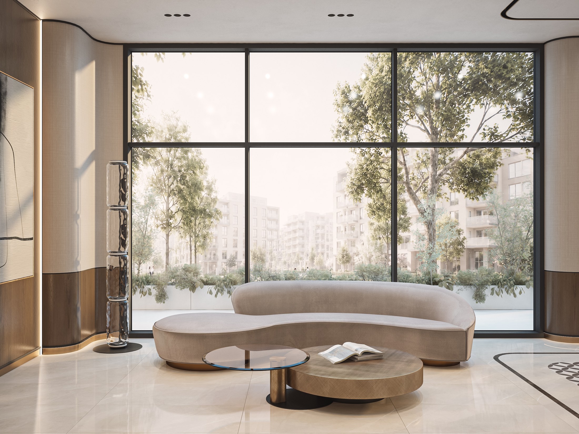 Lobby Atlet Residence cu mobilier și șemineu decorativ